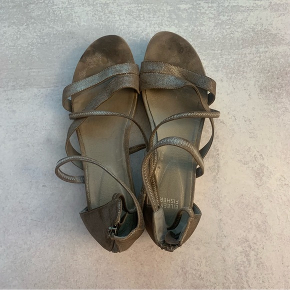 Eileen Fisher Leather Metallic Distressed Strappy Sandals - Picture 8 of 12
